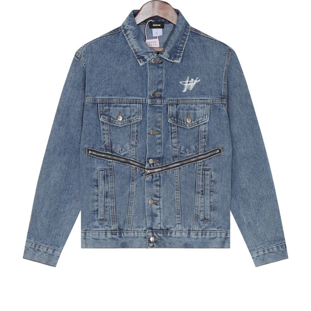 We11done Printed Diagonal Zipper Washed Denim Jacket